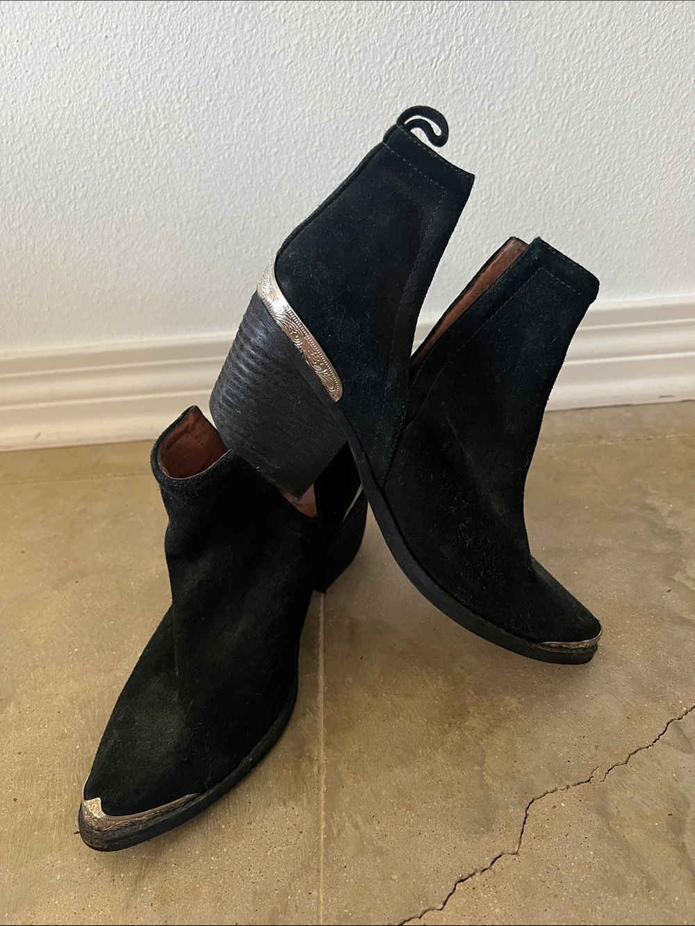 Jeffrey Campbell Black Suede Ankle Booties with Silver Toe Caps